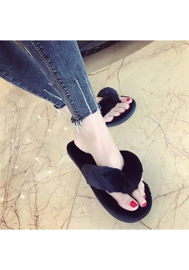 Qingmipy Kadınlar İçin Kışlık Ev Terliği Tavşan Tüyü Yumuşak Kaymaz Ön Pvc Taban Siyah 41/42 Numara Siyah