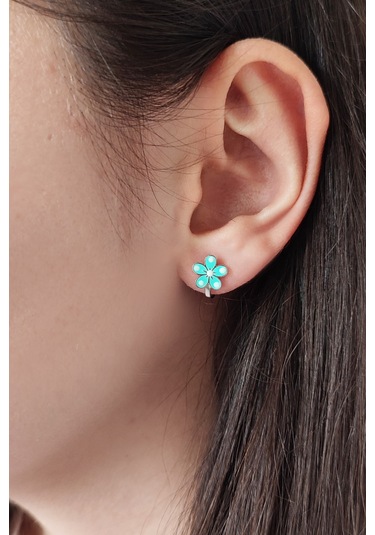 Mavi Mineli Çiçek Tasarım 925 Ayar Gümüş Kız Çocuk Küpe