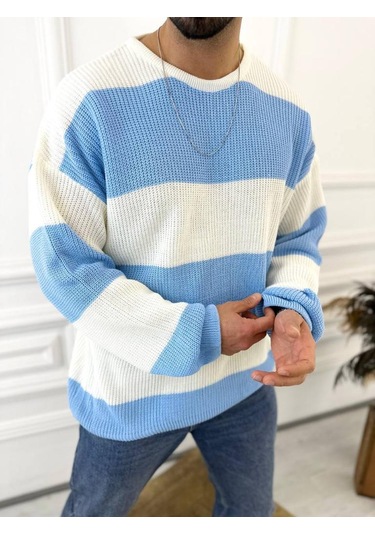 Kazak Oversize Tüylenmez Naturel Pamuk Örme Triko Kazak Mavi