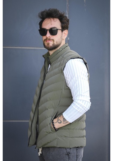 Faxy Cepli Dik Yaka Nova Parlak Kumaş Erkek Şişme Yelek Haki