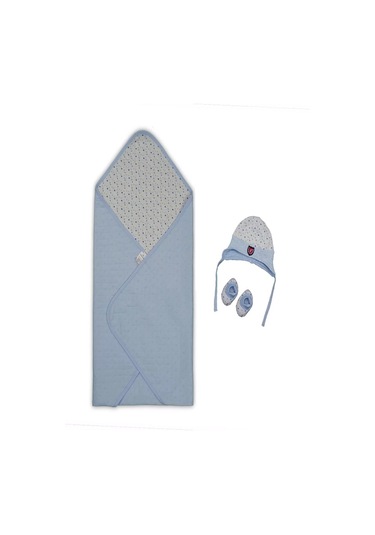 Yenidoğan Baskılı Double Face Şapka Ve Patikli 3lü Bebek Battaniye Takımı Mavi Çok Renkli