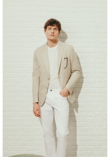 Erkek Bej Yumuşak Dokulu Keten Slim Fit Dar Kesim Mono Yaka Diagonal Desenli Ceket Bej