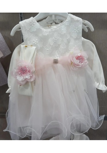 Tül Kemerli Taşlı Çiçek Aksesuarlı Badili Bandanalı Bebe Kız Mevlütlük Elbise Pembe