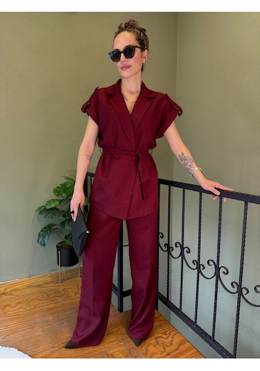 Ali Butik Bordo Kuşaklı Keten Yelekli Takım