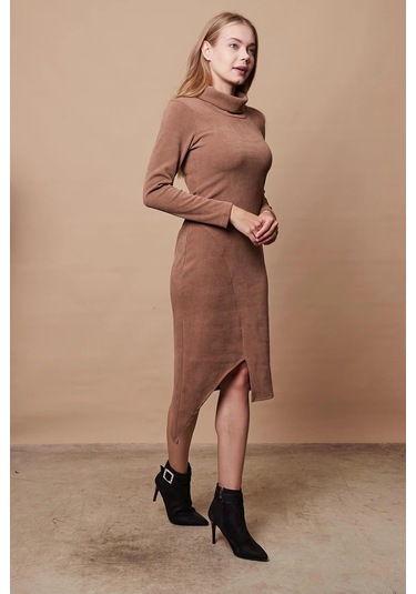 Kadın Likralı Triko Kumaş Tam Balıkçı Asimetrik Uzun Kol Diz Boy Elbise-camel Camel