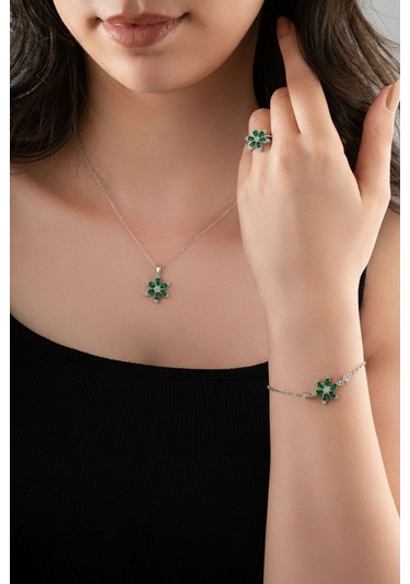 925 Ayar Zümrüt Taşlı Rodyum Lotus Çiçeği 3'lü Gümüş Set Gümüş