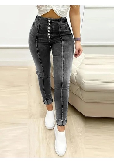 Leyla Sanat Sanata Yeni Bir Bakış Açısı Kadın Yüksek Bel Önden Düğmeli Jean Pantolon Siyah