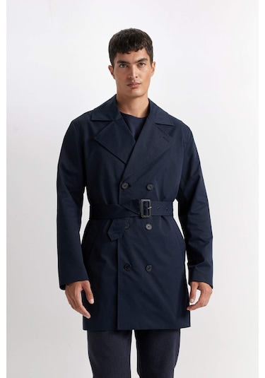 DeFacto Slim Fit Dar Kesim Düğmeli Kemerli Trençkot D5528AX25SPNV253 Lacivert