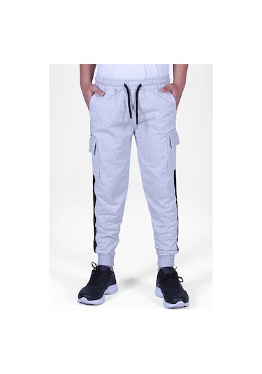 Yanı Şeritlii Kargo Cepli Erkek Çocuk Eşofman Altı Gri