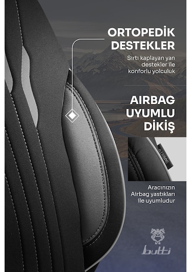 Siyah - Gri Garni Buttı Talos Serisi Premium Oto Koltuk Kılıfı Ortopedik Destekli, Ön Arka Tam Set, Aırbag Uyumlu