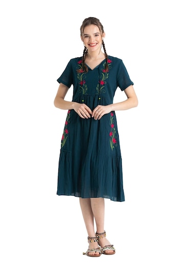 Kısa Kol Şile Bezi Lalezar Nakışlı Midi Boy Elbise Petrol Ptrl-petrol Petrol