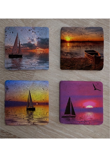 Gün Batımında Yelkenliler Doğal Taş Bardak Altlığı 4'lü Set - Natural Stone Coasters - Taş Çok Renkli