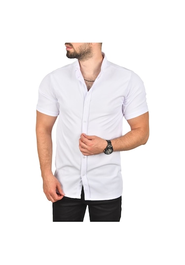 Deepsea Erkek Beyaz Slim Fit Likralı Spor Gömlek Dar Kesim Jakar Kumaş Kısa Kol Gömlek 2500804 Beyaz
