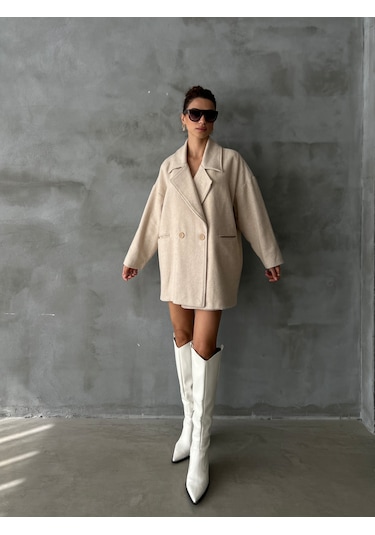 Laluvia Balıksırtı Oversize Kaban Taş Rengi Bej