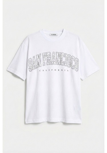 Itsbasic Kadın Beyaz S6-2 Oversize Özel Parlak Taşlı Sloganlı Bol Kesim T-shirt