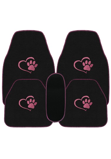 Sevgili Köpek Pati Desenli Pembe Nakışlı Araç Halı Paspas Seti Şık Ve Sevimli Oto Paspas Aksesuar