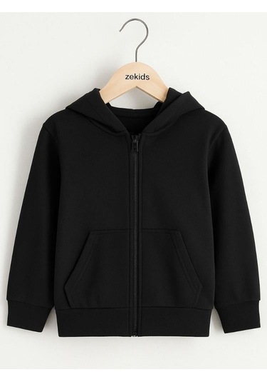 Çocuk Fermuarlı İnce Mevsimlik Basic Kapüşonlu Okul Hırkası-16092 Siyah