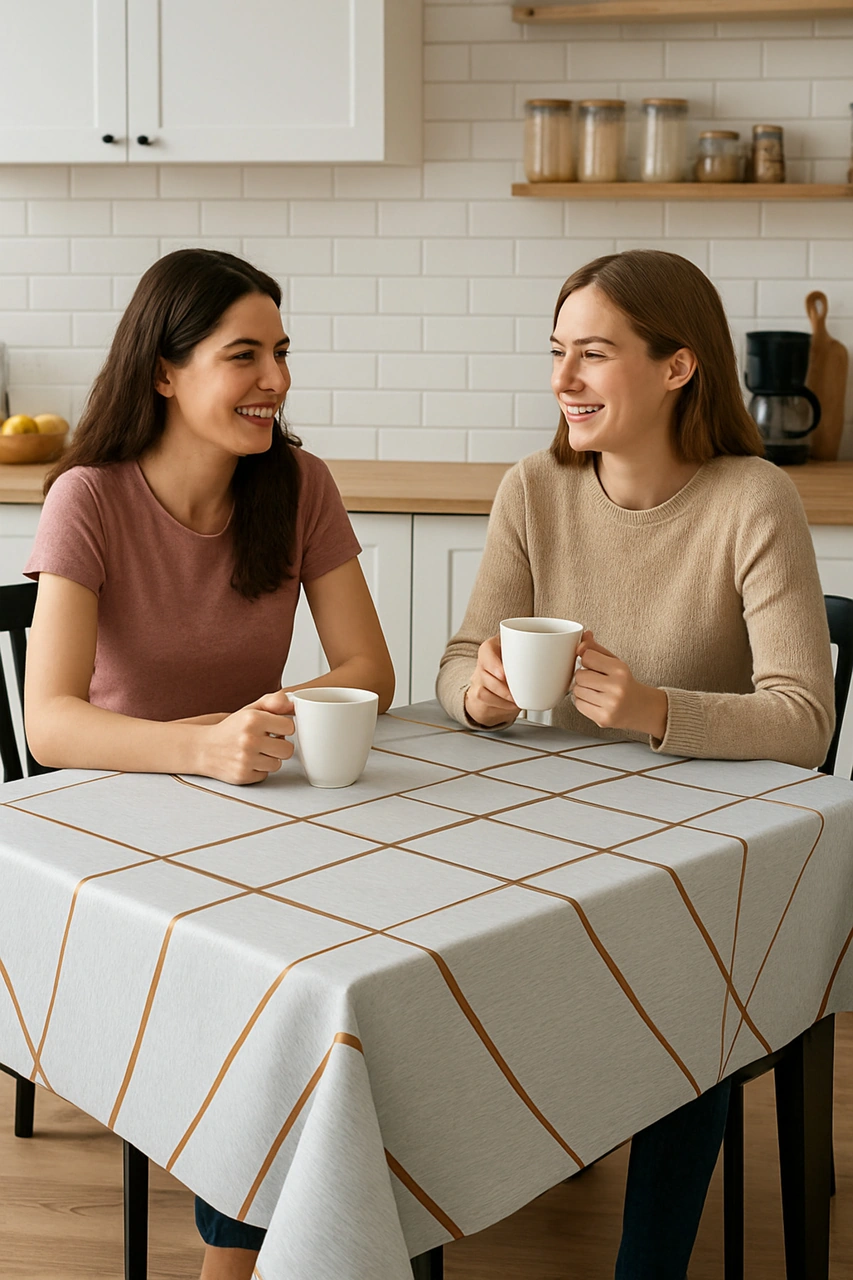 Rona Home Bej Kırık Beyaz Gold Şerit Desenli Masa Örtüsü Silinebilir Lüks Muşamba Sofra Bezi Bej