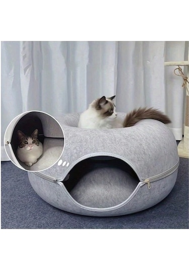 Honeybeeshop Gri Interaktif Kece Tuneli Donut Kedi Yatagi Kucuk Ve Orta Boy Kediler Fretler Tavsanlar Icin Yumusak Kanvas Oyun Egitim Oyuncak