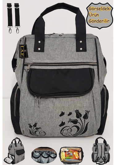 Bebek Bakım Çantası Organizatör Fonksiyonel Termal Anne Bebek Bakım Sırt Çantası Lale Gri Siyah Gri - Siyah
