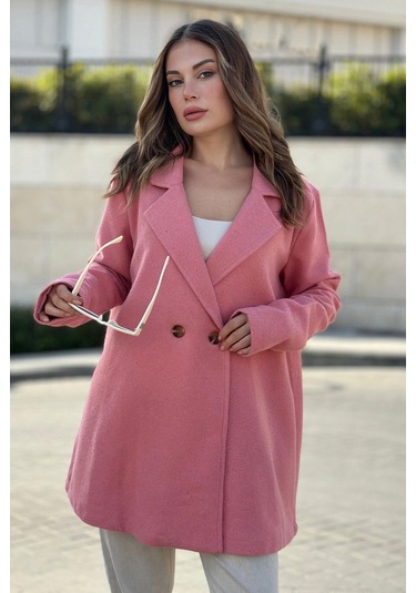 Kadın Pembe Astarlı, Kruvaze Ceket Yaka, Tek Düğme, Rahat Kalıp, Fitilli Kaşe Kumaş Kaban Pembe