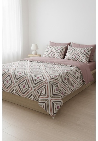 Geometrik Dokunuş Çift Kişilik %100 Pamuk Nevresim Takımı GÜL KURUSU