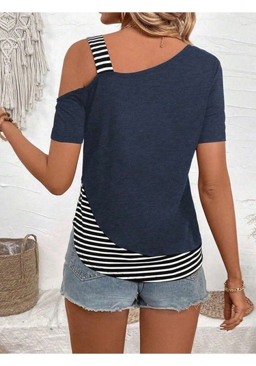 Kadın Kısa Kollu Omuzdan Askılı Viskon Bluz Lacivert