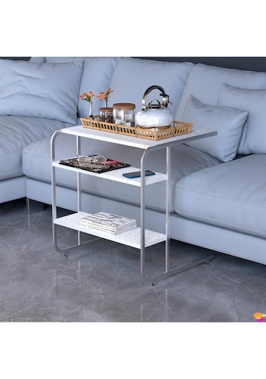 Modilayn C Yan Sehpa Geniş Boy Tekerlekli Çalışma, Atıştırmalık, Yemek, Laptop Sehpası Beyaz Desenli Beyaz