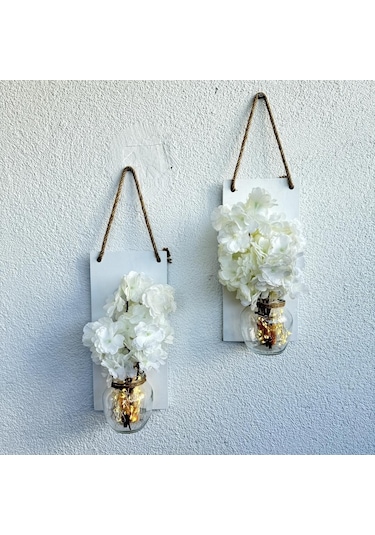 Led Işıklı, Beyaz Bahardalı Çiçekli Duvar Dekoru Beyaz İkili Set Beyaz