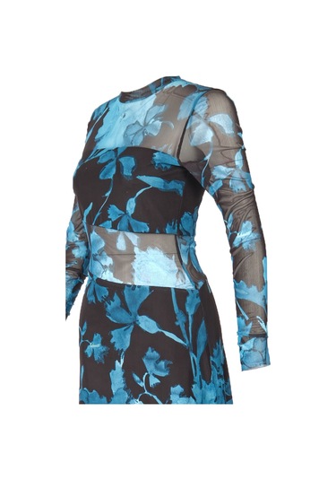 Explosion Uzun Kol Midi Şeffaf Elbise - Çiçek Desenli - Bohemian Stil Turkuaz