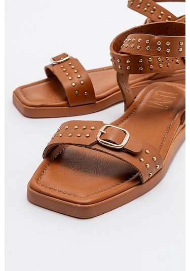 Luvishoes Carril Taba Hakiki Deri Kadın Sandalet Taba