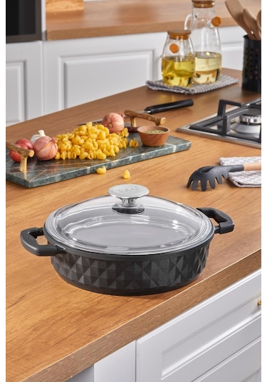 Taç Bella Cam Kapak Döküm Basık Tencere 28 Cm