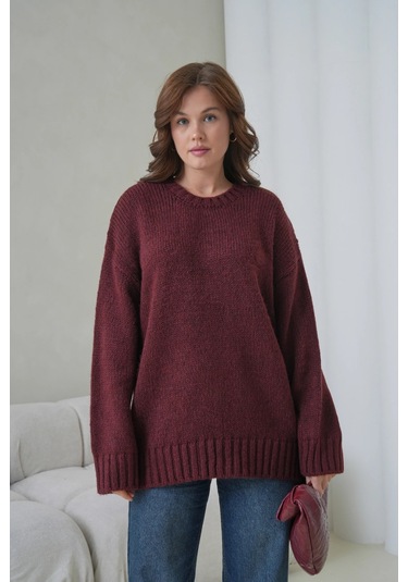 Kadın Bisiklet Yaka Yumuşak Dokulu Oversize Triko Kazak 3032 Bordo