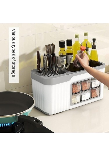 Pazly Beyaz Çok Fonksiyonlu Baharat Kutusu Mutfak Depolama Çeşni Şişesi Bıçağı Takım Saklama Beyaz