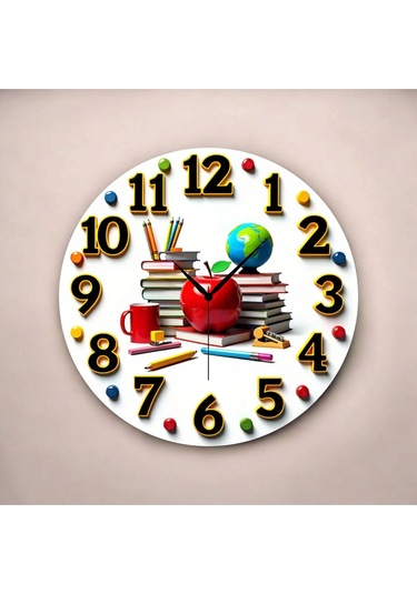 Kitap Öğretmen Renkli Baskı Desenli Sayılı Hediyelik Ahşap Sessiz Tablo Duvar Saati 157 Renkli