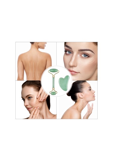 Gajeena Yeşil Jade Güzellik Aleti Seti: Kalp Şekilli Gövde/ Yüz Tırnak Ve İki Uçlu Rulman - Kas Gevşetici, Kuru Cilt Bakımı, Güzellik Masajı Yeşil