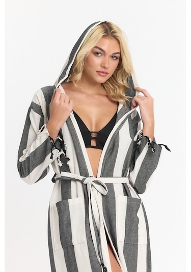 Mulberry Striped Peştemal Bornoz Banyo Ve Plaj Elbisesi Siyah