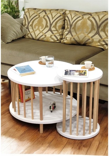 İkili Set Yuvarlak Orta Sehpa Ahşap Ayaklı Sehpa Iki Raflı Sehpa Dekoratif Sehpa Gazetelikli Beyaz - Beyaz
