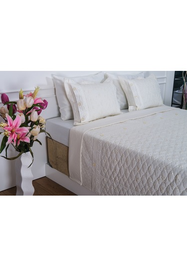 Finezza Gülfem Pamuk Baskılı  Krem- Krem Yatak Örtüsü Seti Çift Kş. 6 Parça-1463