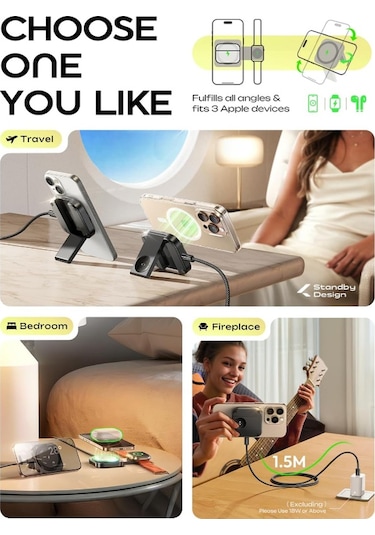 Reedark Magneetikli 2'li Kablosuz Şarj Aleti - İphone Uyumlu, Saat Ve Kulaklık İçin Taşınabilir Tutucu, 15w Hızlı Şarj, Dikey/yatay Konum, Siyah