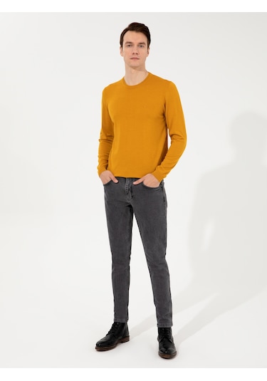 Cacharel Sarı Slim Fit Bisiklet Yaka Basic Triko Kazak