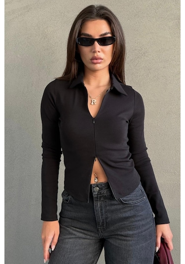 Siyah Polo Yaka Çift Fermuarlı Slim Fit Kadın Body Mg2652 Siyah