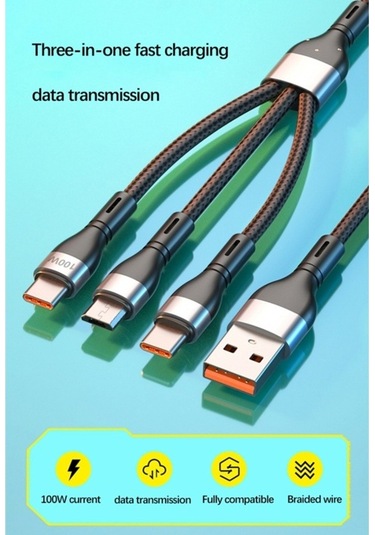 Prestigegoods İphone Uyumlu Android C Tipi 3'ü 1 Arada 100w Hızlı Şarj Usb Kablosu