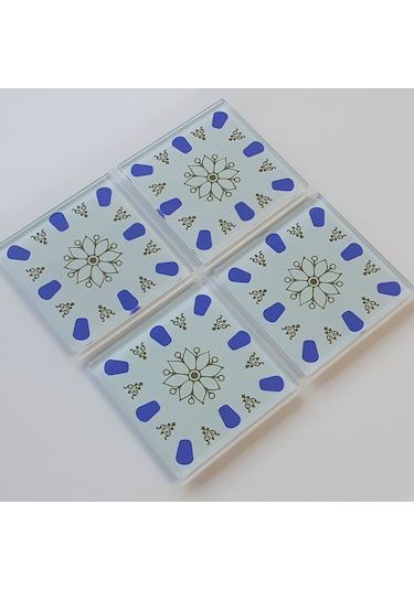 Decorita Cam Bardak Altlığı | Acem Kahveci - Mavi | 4'lü Takım Kırmızı