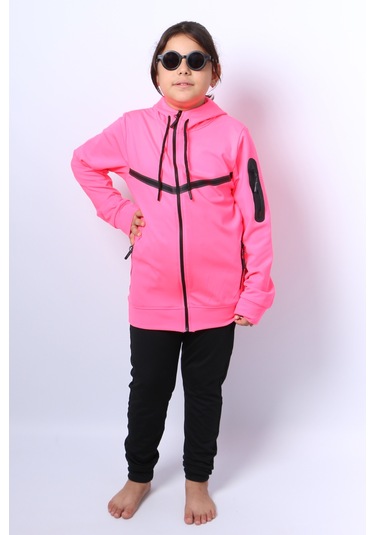 Kız Çocuk Eşofman Takımı Kapşonlu Fermuarlı Ribanalı C59 Pembe