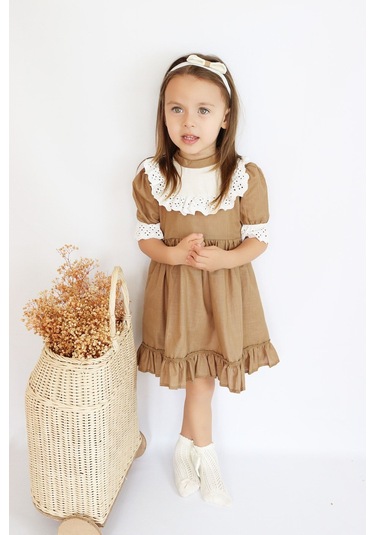 Kız Çocuk Ruby Kahverengi Fırfırlı Dantel Detaylı Kısa Kollu Elbise Bandana Takım Elb-0070.16 Kahverengi