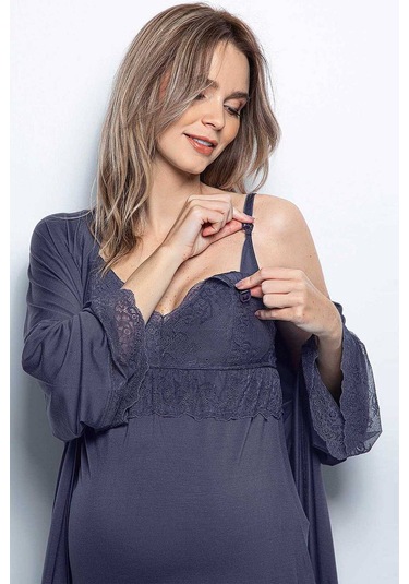Monamise 18432 Hamile Lohusa Sabahlıklı Pijama Takım - Lacivert