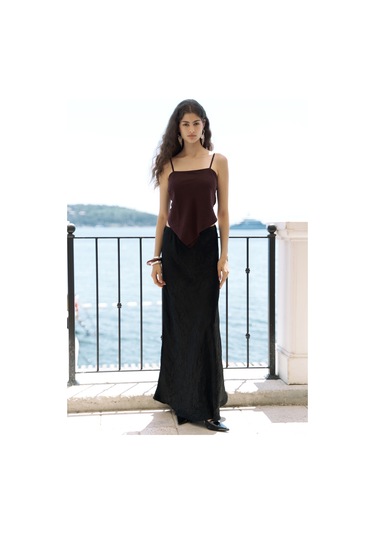 Eubah Kırışık Uzun Siyah Saten Etek Siyah