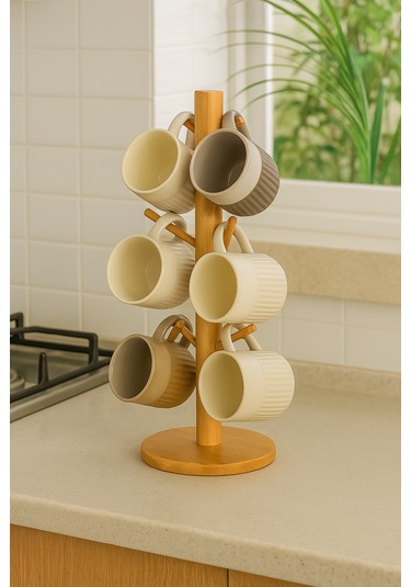 Bambu 6 Lı Bardak Askılığı Doğal Ve Şık Bambu Bardak Standı 15x35 Cm Bambu