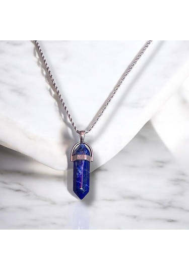 Lapis Lazuli Uçlu Kristal Çelik Zincirli Doğal Taş Kolye